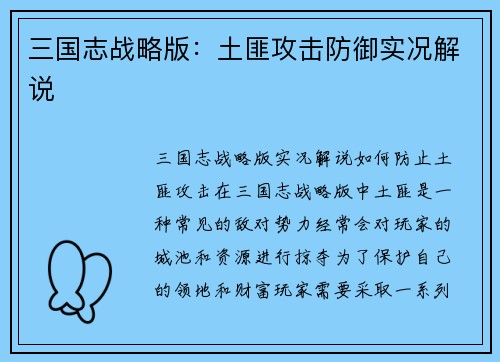 三国志战略版：土匪攻击防御实况解说